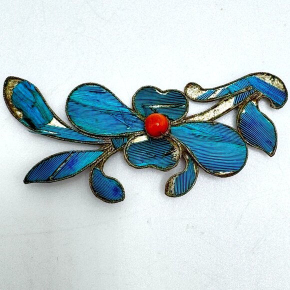 Vtg Kingfisher Blue Feather Floral Pin Brooch Hair Comb Piece Decor Coral #121 - Picture 2 of 5